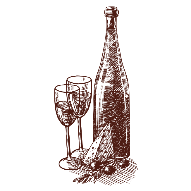 Illustration of a bottle and two glasses with a white background